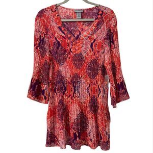Catherines Blouse‎ XL Abstract Artsy Crinkle Pleated Bell Sleeve Stretch Beaded